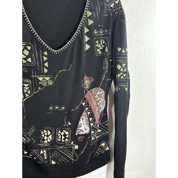 Chico's Black Tribal Geo Khaki Print Sz 1 Medium Women’s V- neck Cotton Blouse - Picture 4 of 7